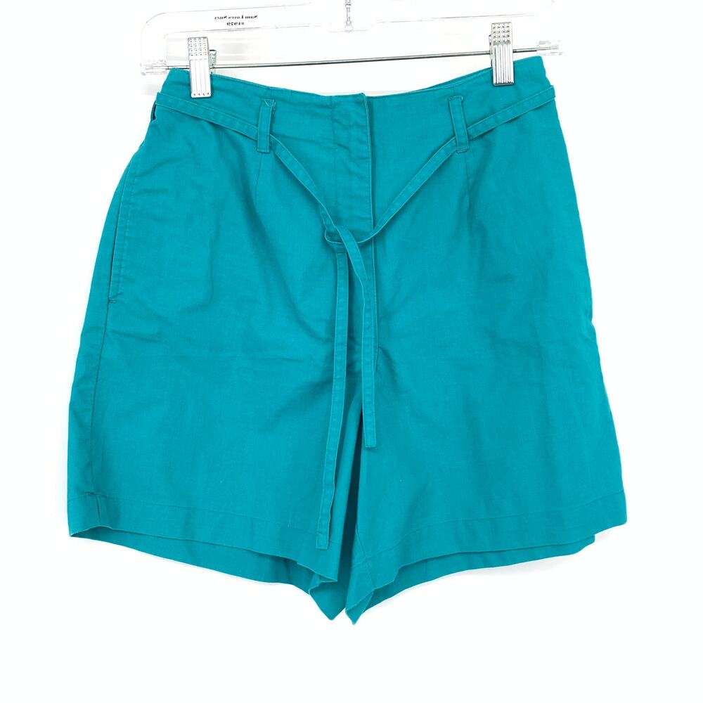 Vintage 90s Teal Blue Tie Waist Bermuda Chino Shorts Womens Size 24"